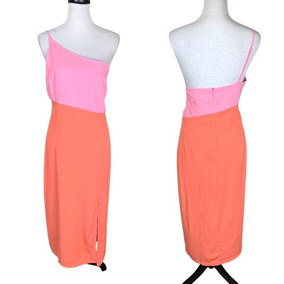 Petal + Pup NWT Xiomar Pink Orange Colorblock One Shoulder Side Slit Midi Dress - Picture 3 of 12